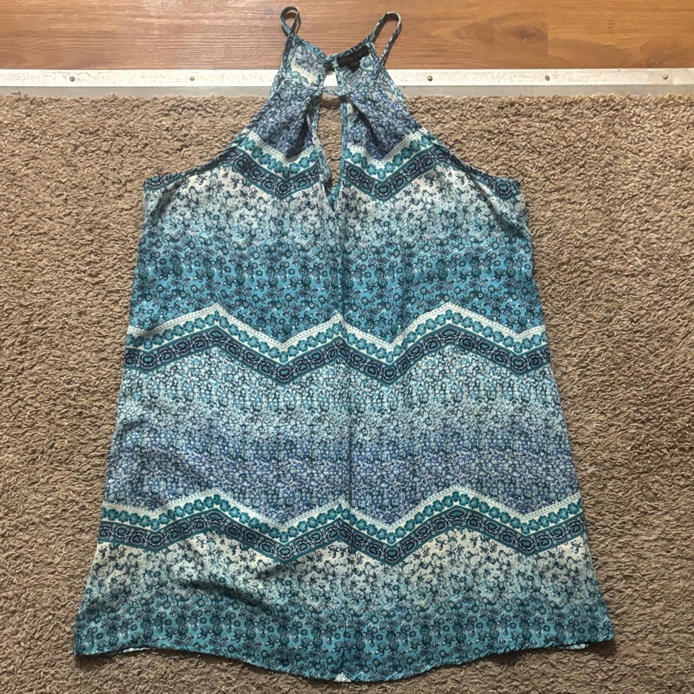 Women’s Md Blue Patterned Halter Mini Dress Keyhole Cutout in Back